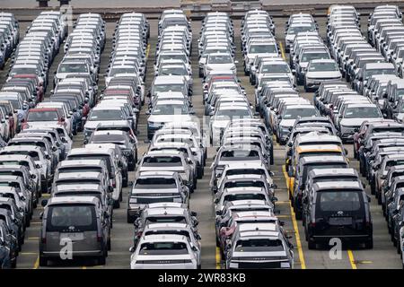 Parcheggio per veicoli d'importazione, centinaia di Hyundai Ioniq, auto elettriche, in attesa di un ulteriore trasporto, presso il terminal container EUROGATE in Foto Stock
