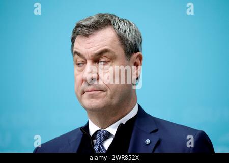 Markus Soeder, Ministerpraesident des Freistaates Bayern, CSU, Pressekonferenz nach den Gremiensitzungen mit der CDU, DEU, Berlino, 11.03.2024 *** Markus Soeder, Ministro Presidente dello Stato libero di Baviera, CSU, conferenza stampa dopo le riunioni del comitato con la CDU, DEU, Berlino, 11 03 2024 Foto Stock