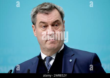 Markus Soeder, Ministerpraesident des Freistaates Bayern, CSU, Pressekonferenz nach den Gremiensitzungen mit der CDU, DEU, Berlino, 11.03.2024 *** Markus Soeder, Ministro Presidente dello Stato libero di Baviera, CSU, conferenza stampa dopo le riunioni del comitato con la CDU, DEU, Berlino, 11 03 2024 Foto Stock