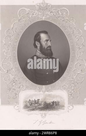 Ritratto del generale Stonewall Jackson, Ritratto del generale Thomas Jonathan 'Stonewall' Jackson, ovale, mezza lunghezza, rivolto a destra. Sotto il ritratto una piccola scena della battaglia del 1863 in cui Jackson fu ferito a morte e la sua firma. Dopo la foto di Brady del 1863., print maker: Anonimo, dopo foto di: Mathew Benjamin Brady, editore: Virtue & Yorston, print maker: Stati Uniti d'America, dopo foto di: Stati Uniti d'America, editore: New York (City), 1863 - 1890, carta, incisione in acciaio, altezza 280 mm x larghezza 220 mm, stampa Foto Stock