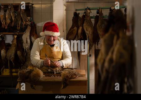 21/12/2023 Mick Hulme inizia a raccogliere 600 fagiani nella cantina sotto il suo negozio ad Ashbourne, Derbyshire. Mick, 65 anni, è la terza generazione di h Foto Stock