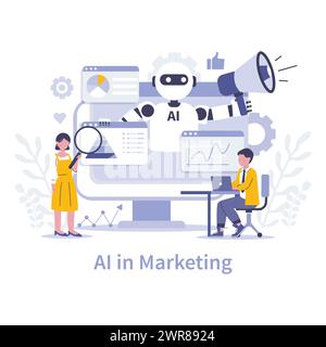 Innovazione nel concetto di marketing. INTELLIGENZA ARTIFICIALE nel marketing. Team che utilizzano l'intelligenza artificiale per l'analisi dei dati e l'ottimizzazione delle campagne. Algoritmi futuristici migliorano le interazioni con i consumatori. Illustrazione Vettoriale