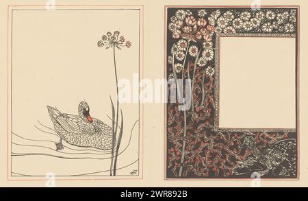 Copertina di: Theo van Hoytema, il brutto anatroccolo, 1893, nella cornice sinistra un cigno nuotatore e un fiore. Nella cornice destra fiori e spine; in basso a destra un pulcino si schiude da un uovo., stampatore: Theo van Hoytema, in o prima del 1893, carta, altezza 368 mm x larghezza 558 mm, stampa Foto Stock