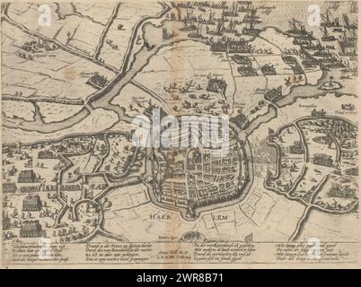 Assedio di Haarlem, 1572, serie 6: Eventi olandesi, 1571-1576 (titolo della serie), Mappa della città di Haarlem e dell'area circostante con i campi delle truppe spagnole assediate di Don Frederik. Sopra le navi di Alva e del Principe d'Orange sulle acque dell'Haarlemmermeer. L'assedio iniziò l'11 dicembre 1572. Con didascalia di 16 righe in tedesco. Numerato: 10. La stampa fa parte di un album., stampatore: Frans Hogenberg, Colonia, 1572 - 1574, carta, incisione, altezza 220 mm x larghezza 299 mm, stampa Foto Stock