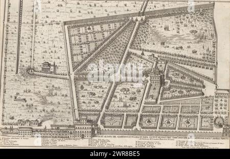 Pianta del giardino e della vigna di Papa Sisto V e del giardino del cardinale Paolo Savelli, pianta et alzata del giardino e vigna di Papa Sisto V hoggi dell'emm.mo Principle il sig. cardinale Paolo Savelli Peretti (titolo sull'oggetto), Giardini di Roma (titolo della collana), li giardini di Roma con le loro piante alzate e vedute in prospettiva disegnate e intagliate da Gio. Battista Falda (titolo della collana), piano del giardino e della vigna di Papa Sisto V e del giardino del Cardinale Paolo Savelli. Nel margine inferiore il titolo e un elenco esplicativo dei numeri. La stampa fa parte di un album. Foto Stock