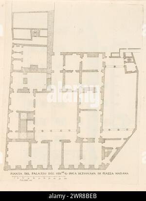 Mappa di Palazzo Madama, Pianta del palazzo del ser.mo g duca di Toscana in Piazza Madama (titolo sull'oggetto), palazzi romani (titolo della collana), Palazzi di Roma (titolo della collana), Palazzi di Roma dei più celebri architett (.. .) (Titolo della collana), Print fa parte di un album., print maker: Giovanni Battista Falda, dopo disegno di: Pietro Ferrerio, editore: Giovanni Giacomo de'Rossi, print maker: Italia, dopo disegno di: Italia, editore: Roma, Roma, Italia, nel o dopo il 1655, carta, incisione, altezza 334 mm x larghezza 265 mm, stampa Foto Stock