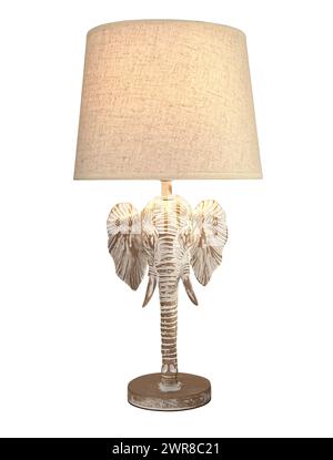 lampada da tavolo decorativa con paralume in tessuto a forma di testa di elefante isolata su sfondo bianco con percorso di ritaglio Foto Stock