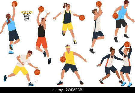 Giocatori dinamici di basket in azione. I personaggi degli atleti che sparano, dribbling e passano il set di illustrazioni vettoriali della palla Illustrazione Vettoriale
