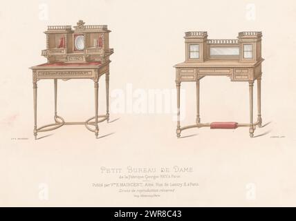 Due scrivanie, Petit Bureau de Dame (titolo sull'oggetto), le garde-meuble / Collection de Meubles (titolo della serie sull'oggetto), due scrivanie da donna. Print from 346th Livraison., stampatore: Léon Laroche, stampatore: Monrocq, editore: Weduwe Eugène Maincent, Parigi, 1895 - 1935, carta, altezza 278 mm x larghezza 359 mm, stampa Foto Stock