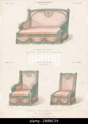 Canapé, poltrona e sedia, Canapé fantaisie / fauteuil et chaise (titolo sull'oggetto), l'ameublement / Collection Simple (titolo della serie sull'oggetto), Un divano, una poltrona e una sedia. Stampa dal numero 298 (livraison)., stampatore: Léon Laroche, stampatore: Monrocq, editore: Weduwe Eugène Maincent, Parigi, 1895, carta, altezza 354 mm x larghezza 275 mm, stampa Foto Stock