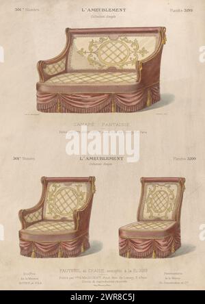 Canapé, poltrona e sedia, Canapé fantaisie / fauteuil et chaise (titolo sull'oggetto), l'ameublement / Collection Simple (titolo della serie sull'oggetto), Un divano, una poltrona e una sedia. Stampa dal numero 301 (livraison)., stampatore: Chanat, stampatore: Monrocq, editore: Weduwe Eugène Maincent, Parigi, 1895, carta, altezza 360 mm x larghezza 272 mm, stampa Foto Stock