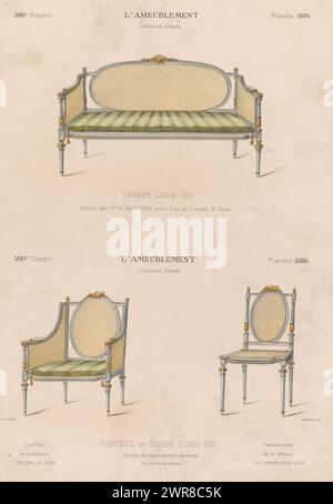 Canapé, poltrona e sedia, Canapé Louis XVI / fauteuil et chaise Louis Stampa dal 300° numero (livraison)., stampatore: Léon Laroche, stampatore: Monrocq, editore: Weduwe Eugène Maincent, Parigi, 1895, carta, altezza 359 mm x larghezza 273 mm, stampa Foto Stock