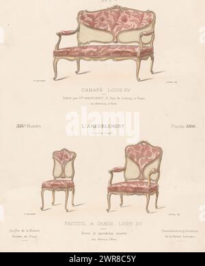 Canapé, poltrona e sedia, Canapé Louis XV / fauteuil et chaise, Louis Print dal 315° numero (livraison)., stampatore: Léon Laroche, stampatore: Monrocq, editore: Weduwe Eugène Maincent, Parigi, 1895, carta, altezza 354 mm x larghezza 273 mm, stampa Foto Stock