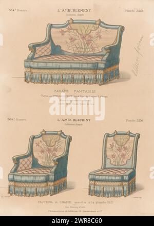 Canapé, poltrona e sedia, Canape fantaisie / fauteuil et chaise (titolo sull'oggetto), l'ameublement / Collection Simple (titolo della serie sull'oggetto), Un divano, una poltrona e una sedia. Stampa dal numero 304 (livraison)., stampatore: Chanat, stampatore: Monrocq, editore: Weduwe Eugène Maincent, Parigi, 1895, carta, altezza 360 mm x larghezza 272 mm, stampa Foto Stock