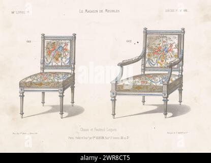 Sedia e poltrona, Chaise et fauteuil Laqués (titolo sull'oggetto), le Magasin de Meubles / Sièges (titolo della serie sull'oggetto), Una sedia e una poltrona. Stampa dal 14° Livraison., stampatore: Zamor, su disegno di: Victor Joseph Quétin, stampatore: Victor Joseph Quétin, Parigi, 1832 - 1877, carta, altezza 274 mm x larghezza 354 mm, stampa Foto Stock