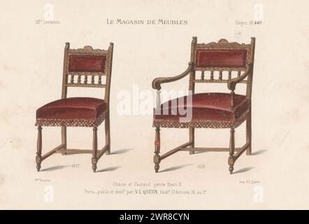 Sedia e poltrona, Chaise et fauteuil genere Henri II (titolo sull'oggetto), le Magasin de Meubles / Sièges (titolo della serie sull'oggetto), sedia e poltrona in stile Henrik II. Stampa dal 57° Livraison., stampatore: Anonimo, su disegno di: Victor Léon Michel Quétin, stampatore: Victor Léon Michel Quétin, Parigi, 1878 - in o dopo il 1904, carta, altezza 279 mm x larghezza 360 mm, stampa Foto Stock