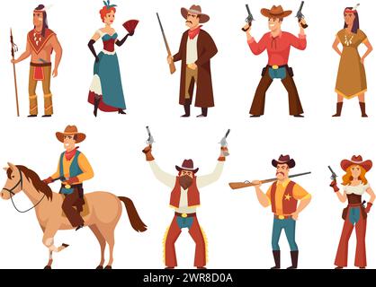 Personaggi del cartone animato Wild West. Classico cowboy e cowgirl western, guerriero nativo americano, ballerino di saloon e set di illustrazioni vettoriali dello sceriffo Illustrazione Vettoriale