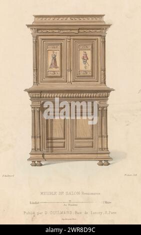 Armadietto, Meuble de Salon Renaissance (titolo sull'oggetto), le garde-meuble / Collection de Tentures (titolo della serie sull'oggetto), Un armadietto rinascimentale con porte decorate. Print from 259th Livraison., tipografo: Midart, tipografo: Becquet, editore: Désiré Guilmard, Parigi, 1839 - 1885, carta, altezza 357 mm x larghezza 278 mm, stampa Foto Stock