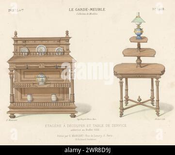 Stoviglie e tavolo, Étagère à découper et table de service (titolo sull'oggetto), le garde-meuble / Collection de Meubles (titolo della serie sull'oggetto), un armadio aperto in cina e un tavolo composto da tre ripiani. Print from 262nd Livraison., tipografo: Midart, tipografo: Becquet frères, editore: Eugène Maincent, Parigi, 1885 - 1895, carta, altezza 274 mm x larghezza 360 mm, stampa Foto Stock