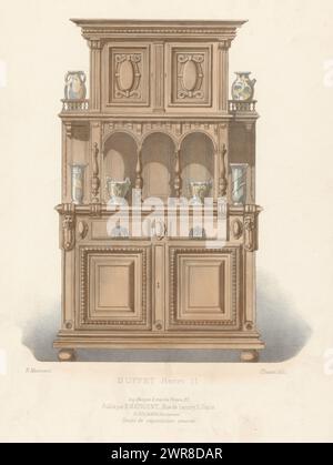 Sideboard, buffet Henri II (titolo sull'oggetto), le garde-meuble / Collection de Meubles (titolo della serie sull'oggetto), Una credenza in stile Enrico II. Print from 291st Livraison., tipografo: Chanat, tipografo: Becquet frères, editore: Eugène Maincent, Parigi, 1885 - 1895, carta, altezza 357 mm x larghezza 275 mm, stampa Foto Stock