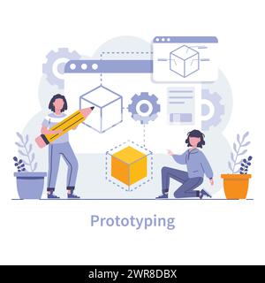 Concetto di prototipazione. I progettisti sviluppano e perfezionano modelli 3D, impiegando creatività e precisione nelle prime fasi della creazione dei prodotti. Illustrazione vettoriale. Illustrazione Vettoriale