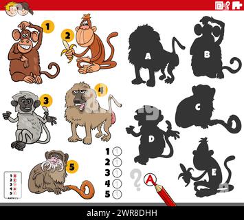 Illustrazione di cartoni animati che mostra come trovare le ombre giuste per le immagini attività educative con scimmie personaggi animali Illustrazione Vettoriale