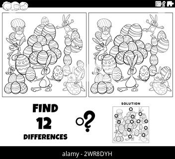 Illustrazione cartoni animati che mostra le differenze tra le immagini gioco educativo con i coniglietti di Pasqua gruppo di personaggi con le uova colorate pagina di colorazione Illustrazione Vettoriale