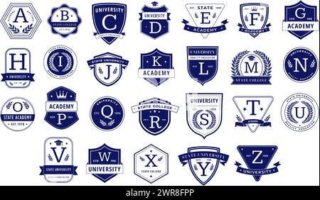 Monogramma dell'istruzione. Alfabetico elegante stemma accademico, modello di badge con lettera per il set di vettori isolati del team universitario, universitario o accademico Illustrazione Vettoriale