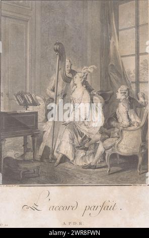 Interno con una donna che suona l'arpa e due uomini, l'Accord Parfait (titolo sull'oggetto), le Monument du Costume. Seconda suite d'estampes, pour servir à l'histoire des Modes et du Costume en France, Dans le dix-huitième siècle (titolo della serie), stampe in costume francese del XVIII secolo (titolo della serie), compagnia elegante, che fa musica in una stanza. Céphise, in négligé, suona l'arpa e ascolta il commento di un giovane uomo accanto a lei. Un secondo uomo siede su una poltrona con il cappello in ginocchio. A sinistra un clavicembalo o un pianoforte . Numerato in basso a sinistra: N. 20. Foto Stock