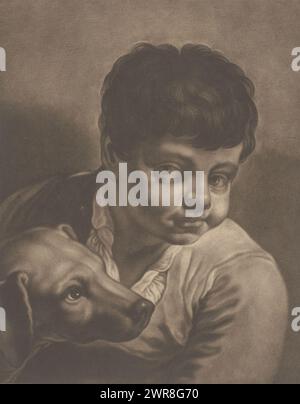 Ritratto di un ragazzo sconosciuto con cane, stampatore: Johann Lorenz Haid, 1712 - 1750, carta, altezza 327 mm x larghezza 264 mm, stampa Foto Stock
