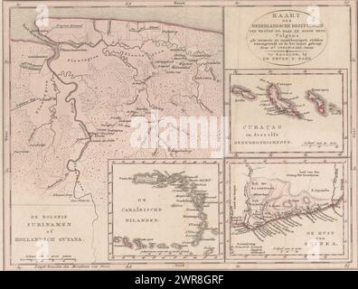 Mappa del Suriname con i Caraibi, il Curacao e l'Africa occidentale, Mappa dei possedimenti olandesi ad ovest del Capo di buona speranza (...) (Titolo su oggetto), quattro mappe su un foglio, la mappa principale del Suriname. Inoltre, un dispiegamento delle isole caraibiche (Aruba a Porto Rico), un dispiegamento di Aruba, Curacao e Bonaire, e un dispiegamento dei possedimenti olandesi in Africa occidentale (l'attuale Ghana). Colorazione dei bordi sulla mappa principale., stampatore: Daniël Veelwaard (i), editore: Erven F. Bohn, Haarlem, 1776 - 1851, carta, incisione, altezza 234 mm x larghezza 301 mm Foto Stock