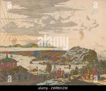 Vista di una città in Cina, Hanchieu (titolo sull'oggetto), città cinese murata su un'isola, vista dalla riva opposta del fiume. Figure in primo piano e navi cinesi a vela sul fiume. Un piccolo edificio sul lato anteriore sinistro. Sopra la stampa un'iscrizione in inglese (a sinistra): 'The Chief Citie in y[e] Province of Chekiang', e in olandese (a destra): 'De Hooft Stadt in de Provincie Chekiang'., stampatore: Anonimo, dopo disegno di: John Ogilby, editore: Thomas Johnson (17de eeuw), Londra, 1671, carta, incisione, altezza 289 mm x larghezza 350 mm, stampa Foto Stock