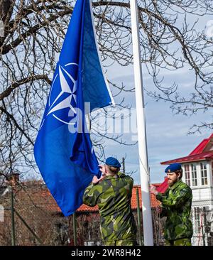 Dopo la ratifica in tutti i parlamenti dei paesi membri, la Svezia è ora uno dei 32 membri dell'alleanza militare NATO. Lunedì si è tenuta una cerimonia presso la base aerea di Malmen, "Linköpings garnison”, per segnare l'ingresso della Svezia nella NATO. Per la prima volta dal 1814, la Svezia fa parte di un'alleanza militare. Foto Stock