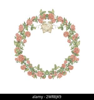 Una corona circolare tridimensionale di acquerelli di fiori selvatici di trifoglio e foglie, e una farfalla. Cornice per testo, biglietto d'auguri, matrimonio Foto Stock