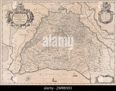 Mappa delle Veluwe, Ducatus Gelriae pars quarta quae est Arnhemiensis, sive Velavia (titolo originale), in alto a sinistra il titolo cartouche, con lo stemma di Gelre in alto. In alto a destra un cartiglio con la leggenda, in alto lo stemma del quartiere di Arnhem. In basso a destra un cartouche vuoto. La mappa ha una distribuzione di gradi lungo i bordi., stampatore: Anonimo, editore: Johannes Janssonius, (possibilmente), editore: Johannes Janssonius van Waesberge (i), Amsterdam, 1641 - 1680, carta, incisione, altezza 387 mm x larghezza 523 mm, stampa Foto Stock