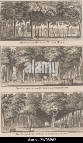 Tre viste intorno a Haarlem, Vista in den Hout di Uit den Bosch / De Engang van den Hout, di 't Dronkenhuisje / De Linde-laan, Looking at 't Dronkenhuisje (titolo su oggetto), viste nelle terre di intrattenimento di Haarlem (titolo della serie), stampatore: Hendrik Spilman, su disegno personale di: Hendrik Spilman, editore: Jan Bosch (uitgever), Haarlem, 1763, carta, incisione, altezza 295 mm x larghezza 185 mm, stampa Foto Stock