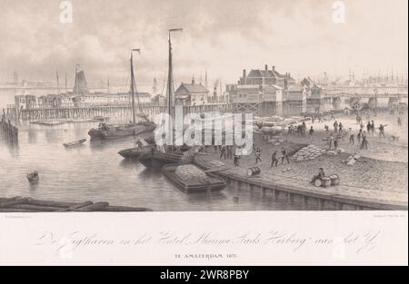 Vista del Nieuwe Stadsherberg ad Amsterdam, De Jagthaven e dell'Hotel 'Nieuwe Stads Herberg' sull'IJ (titolo sull'oggetto), stampatore: Willem Hendrik Eickelberg, su progetto di: Willem Hendrik Eickelberg, stampante: Tresling & Com., Amsterdam, 1871, carta, altezza 537 mm x larghezza 665 mm, stampa Foto Stock