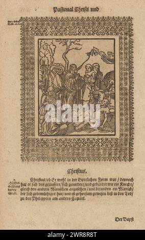 Cristo tra gli uomini, Passional Christi und Antichristi (titolo della serie), Cristo guarisce le persone con lebbra e disabilità fisiche. Opposizione sulle attività. Copia speculare della stampa di Lucas Cranach nel pamphlet di Martin Lutero 'Passional Christi und Antichristi' del 1521, pagina di un'edizione del XVII secolo. La serie di tredici paia di xilografie raffigura i contrasti tra l'umiltà e l'altruismo di Cristo da un lato, e l'orgoglio e l'avidità del Papa dall'altro., stampatore: Monogrammist GK (praticante, 17e euw ), su stampa di: Lucas Cranach (i), Europa Foto Stock