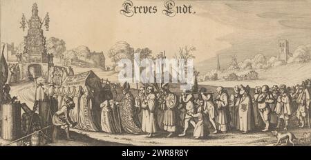 Treves è portato alla tomba, 1621, Treves Endt (titolo sull'oggetto), Treves è portato alla tomba, 1621. Allegoria della fine della tregua dei dodici anni. Una bara segnata Treves and Proposition di Peckius è portata in una processione funebre dai monaci. Nella processione, che assume la forma di una processione romana, un vescovo, pellegrini, mendicanti, ecc. cammina e porta con sé una statua di San Nicola. La processione cammina verso il monumento del Testamento Arminiano, in lontananza sulla destra il funerale Arminiano, la partenza dei predicatori rimostranti esiliati Foto Stock