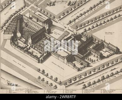 Vista dell'Oudezijds Heerenlogement e dei Binnengasthuis di Amsterdam da una prospettiva a volo d'uccello, Gast Huys (titolo sull'oggetto), stampatore: Anonimo, editore: Abraham Wolfgang, Amsterdam, 1693, carta, incisione, incisione, altezza 264 mm x larghezza 342 mm, stampa Foto Stock