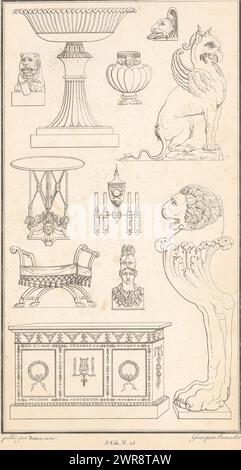 Vari ornamenti, stampe ornamentali con vari mobili e altri oggetti. Parte (5e. CAH. N. 25) dell'album stampato con due serie di 138 stampe ornamentali di Beauvallet e Normand, 'Fragmens d'Ornemens dans le Style Antique'., stampatore: Pierre-Nicolas Beauvallet, editore: Jacques-Louis Bance, Parigi, 1820, carta, incisione Foto Stock