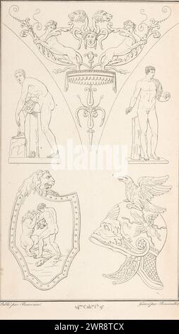 Ornamenti vari, stampa ornamenti con casco, scudo e due figure. Parte (14e. CAH. f.le 9) dell'album stampato con due serie di 138 stampe ornamentali di Beauvallet e Normand, 'Fragmens d'Ornemens dans le Style Antique'., print maker: Pierre-Nicolas Beauvallet, editore: Jacques-Louis Bance, Parigi, 1820, paper, incisione Foto Stock