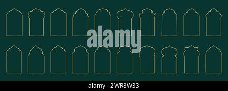 Porta o finestra islamica con struttura ad arco sottile color oro con motivo geometrico girikh, silhouette ad arco arabo. Set di lusso in stile orientale. Frame in Illustrazione Vettoriale