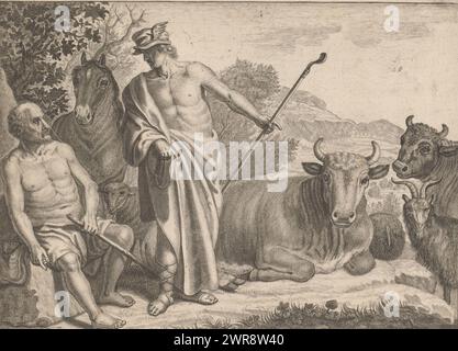 Mercury and Battus, Metamorphoses di Ovid (titolo della serie), print maker: Crispijn van de Passe (II), dopo il design di: Claes Moeyaert, 1630 - 1702, carta, incisione, incisione, incisione, altezza 165 mm x larghezza 225 mm, stampa Foto Stock