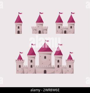 Set di icone dei castelli vettoriali medievali della principessa rosa. Castello da favola cartoni animati. Illustrazione Vettoriale