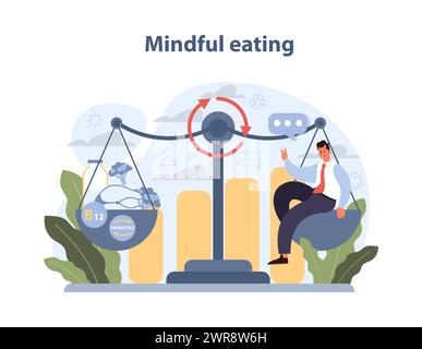 Concetto di mangiare attento. Un individuo bilancia le scelte alimentari, sottolineando il significato della consapevolezza nutrizionale con i probiotici e la vitamina B12. Illustrazione Vettoriale