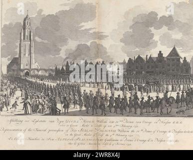 Stazione funebre di Willem IV, 1752, piatto 41, immagine della stazione Lykstation di Zyn Doorl. Alto. Guglielmo IV Prince of Orange e Nassau &,&,&. Sul Groote Markt di Delft, il 4 febbraio 1752 (titolo sull'oggetto), statua di Lyk di sua altezza Serenissima il Lord Willem Carel Hendrik Friso, Principe d'Orange e Nassau (...) Il 4 febbraio 1752 (titolo della serie), arrivo della processione funebre con il focolare sul Grote Markt di Delft e ingresso al Nieuwe Kerk. Nel margine una didascalia in olandese, francese e inglese . La stampa fa parte di un album. Foto Stock