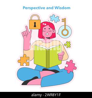 Prospettiva e saggezza. Giovane pensatore che sblocca segreti della conoscenza con pezzi di puzzle e simboli chiave. Apprendimento approfondito. Illustrazione vettoriale. Illustrazione Vettoriale