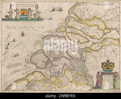 Mappa di Zeeland, Zeelandia Comitatus (titolo sull'oggetto), in alto a sinistra il titolo e lo stemma della Zelanda circondato da tritoni. In alto a destra un bastone di bilancia: Milliaria Germanica communia. In basso a destra un cartiglio con la dedica e lo stemma di Simon van Beaumont. A sinistra una figura femminile come personificazione di Prudence (Prudentia), a destra una figura femminile come personificazione della moderazione (Temperantia). Graduazione lungo i bordi. Testo olandese su verso., stampatore: Anonimo, editore: Johannes Willemszoon Blaeu, Willem Janszoon Blaeu, Amsterdam Foto Stock