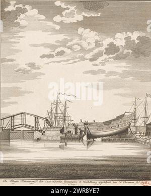 Veduta del cantiere VOC di Middelburg, 1757, del cantiere della compagnia delle Indie orientali di Middelburg (titolo oggetto), veduta del cantiere navale della compagnia olandese delle Indie orientali di Middelburg, nella situazione intorno al 1757., tipografia: Anonima, su disegno di: Willem Udemans, editore: Isaak Tirion, su disegno di: Middelburg, editore: Amsterdam, 1757 - 1760, paper, incisione, incisione, altezza 212 mm x larghezza 177 mm, stampa Foto Stock